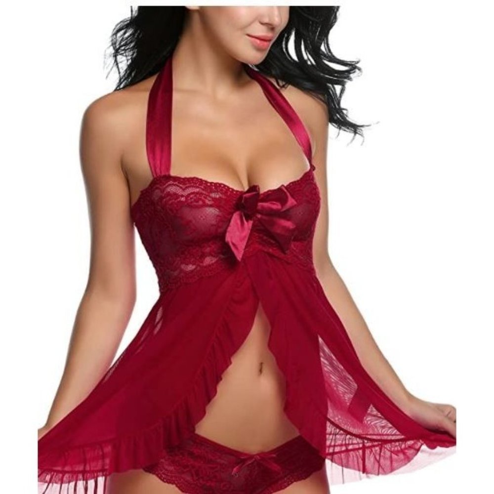 Size XS thru 5X - Burgundy Babydoll with Bow and Matching Thong Panty